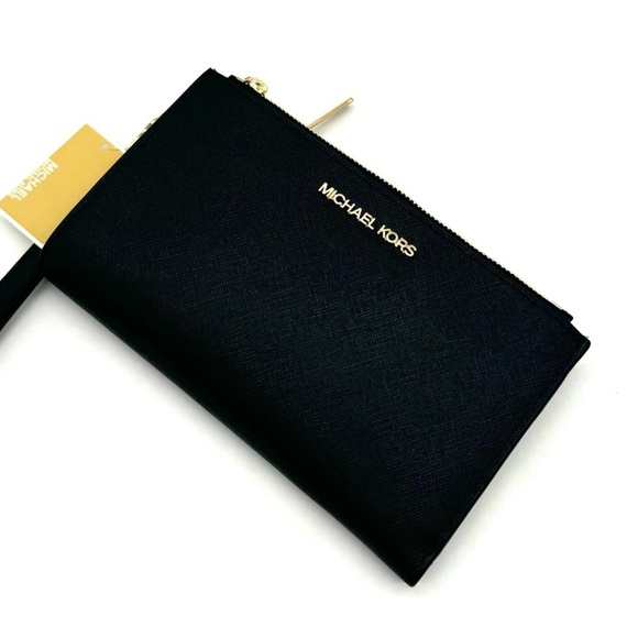 Michael Kors Large Double Zip Wallet Wristlet Black/Gold - Picture 1 of 9